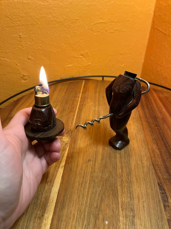 Wooden Novelty Man Bottle Opener Lighter Combo