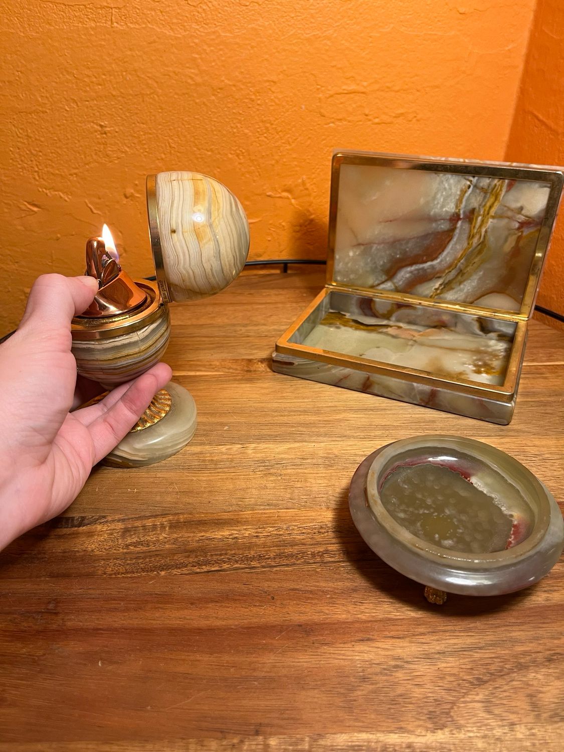 GSE Ottone Garantito Onyx Or Agate Stone Table Lighter Smoking Set