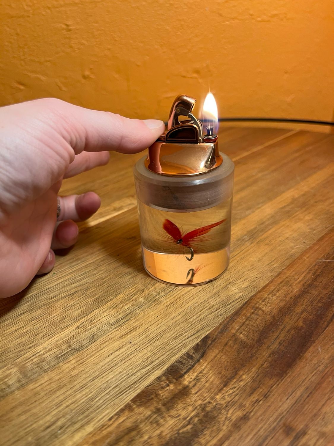 Red Fishing Fly Lucite Table Lighter