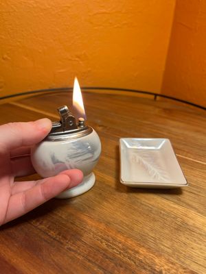 Sutton’s Creation Iridescent Feather Ceramic Table Lighter Ashtray Set