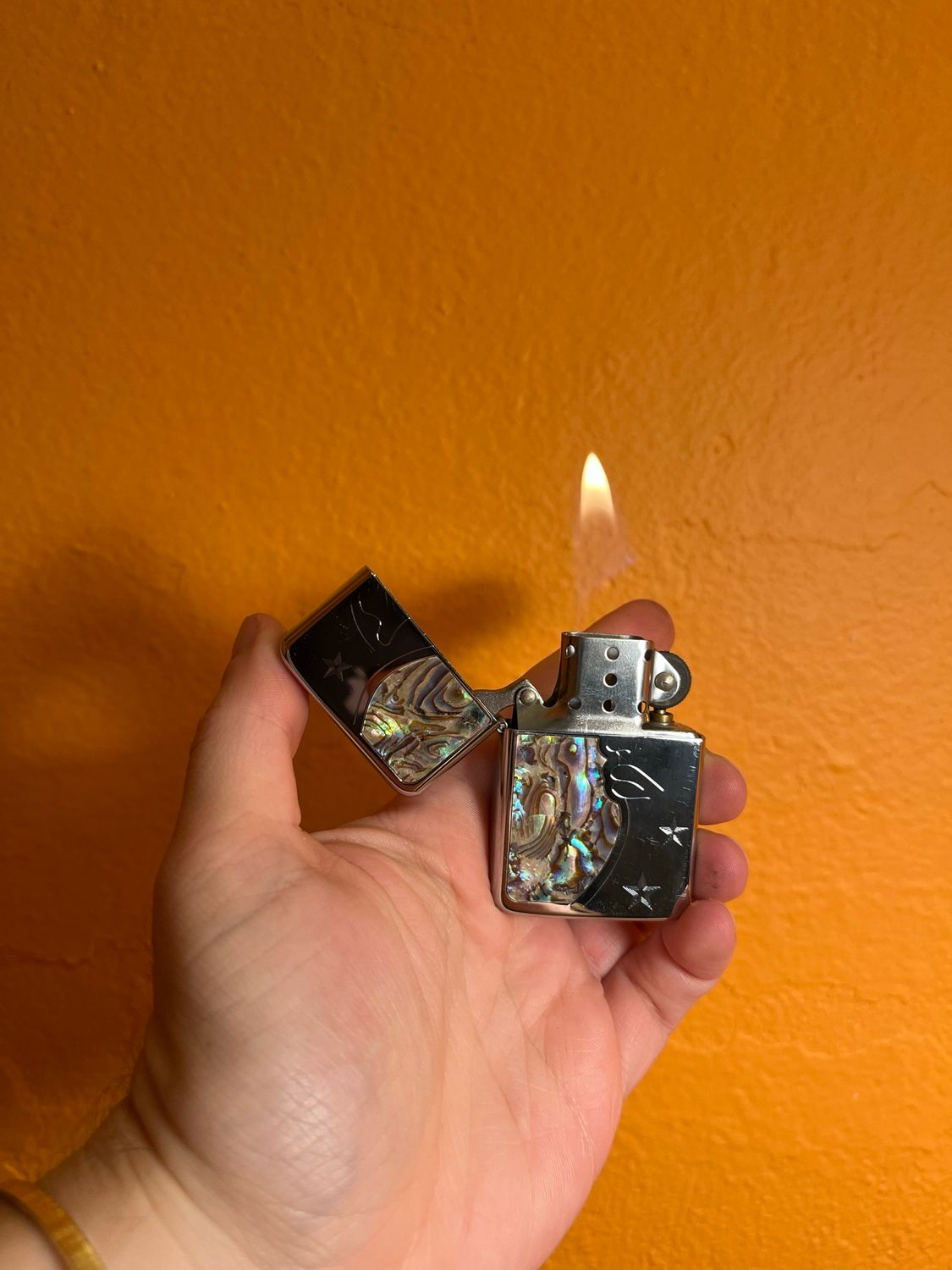 Abalone Man In The Moon Star Brand Flip Top Lighter