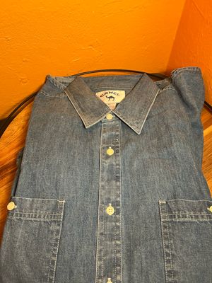 1990s XL Camel Hard Pack Denim Button Down Shirt