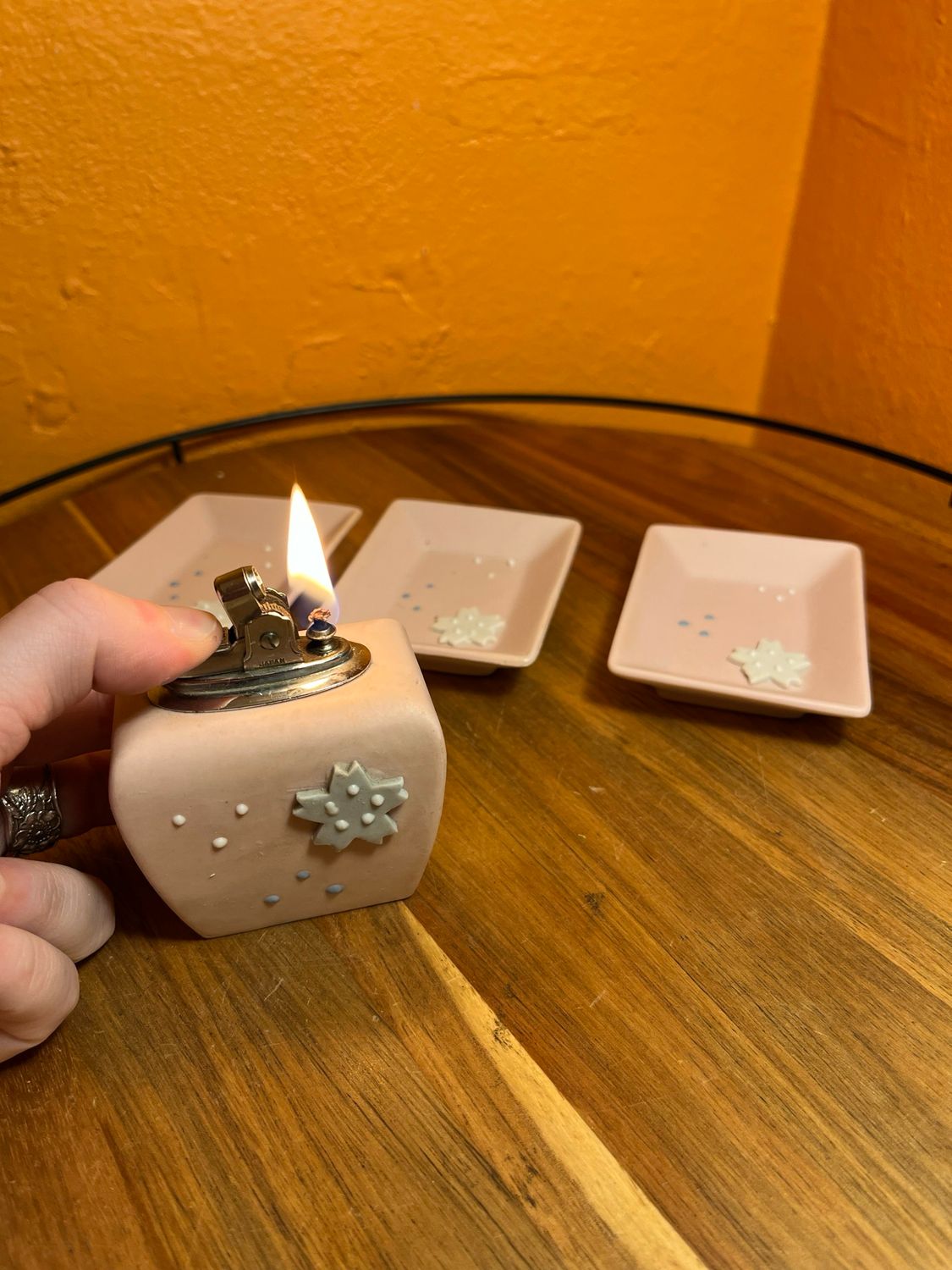 Pink Japanese Cherry Blossom Ceramic Table Lighter Ashtrays Smoking Set