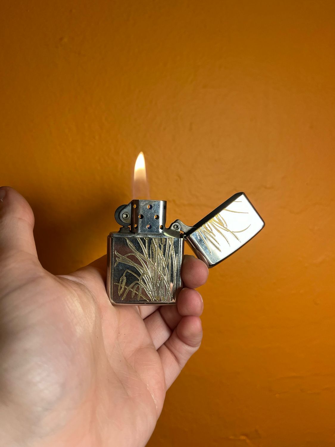 1993 Silver Plated 22K Gold Inlays Cattails Zippo Lighter