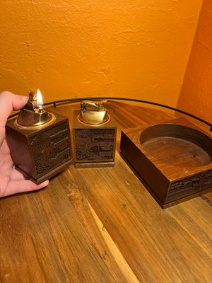 Laser Cut Wood Seaside CA Scenes Table Lighters Ashtray Set