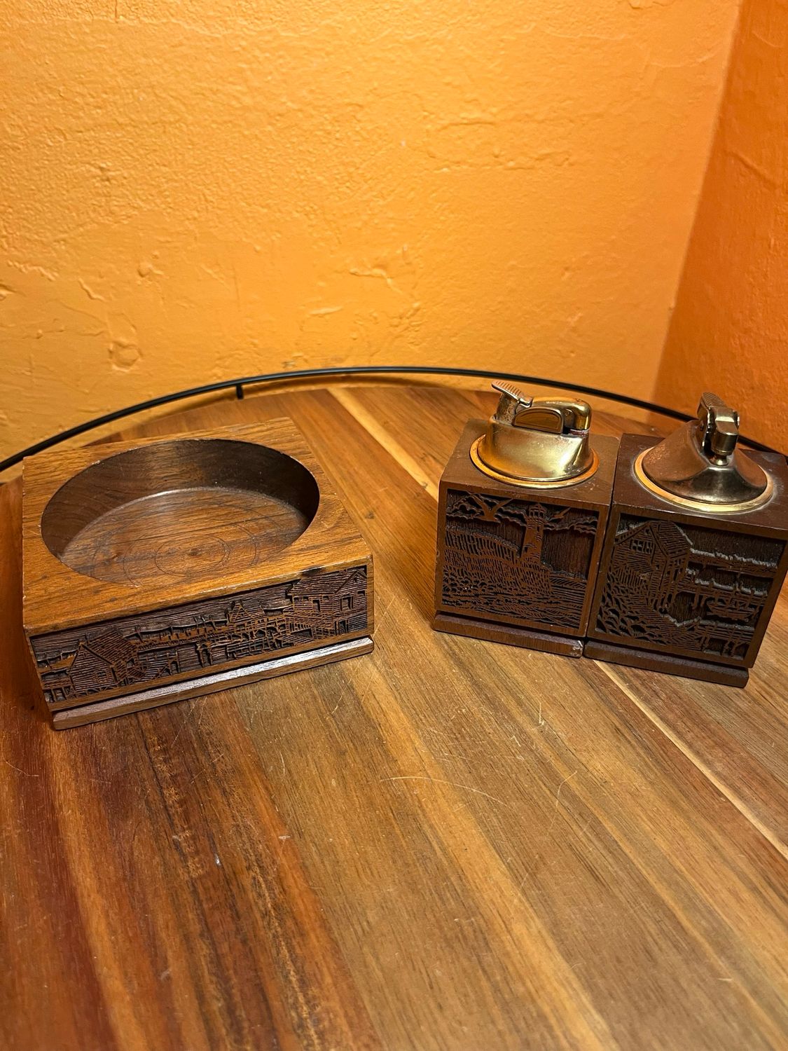 Laser Cut Wood Seaside CA Scenes Table Lighters Ashtray Set