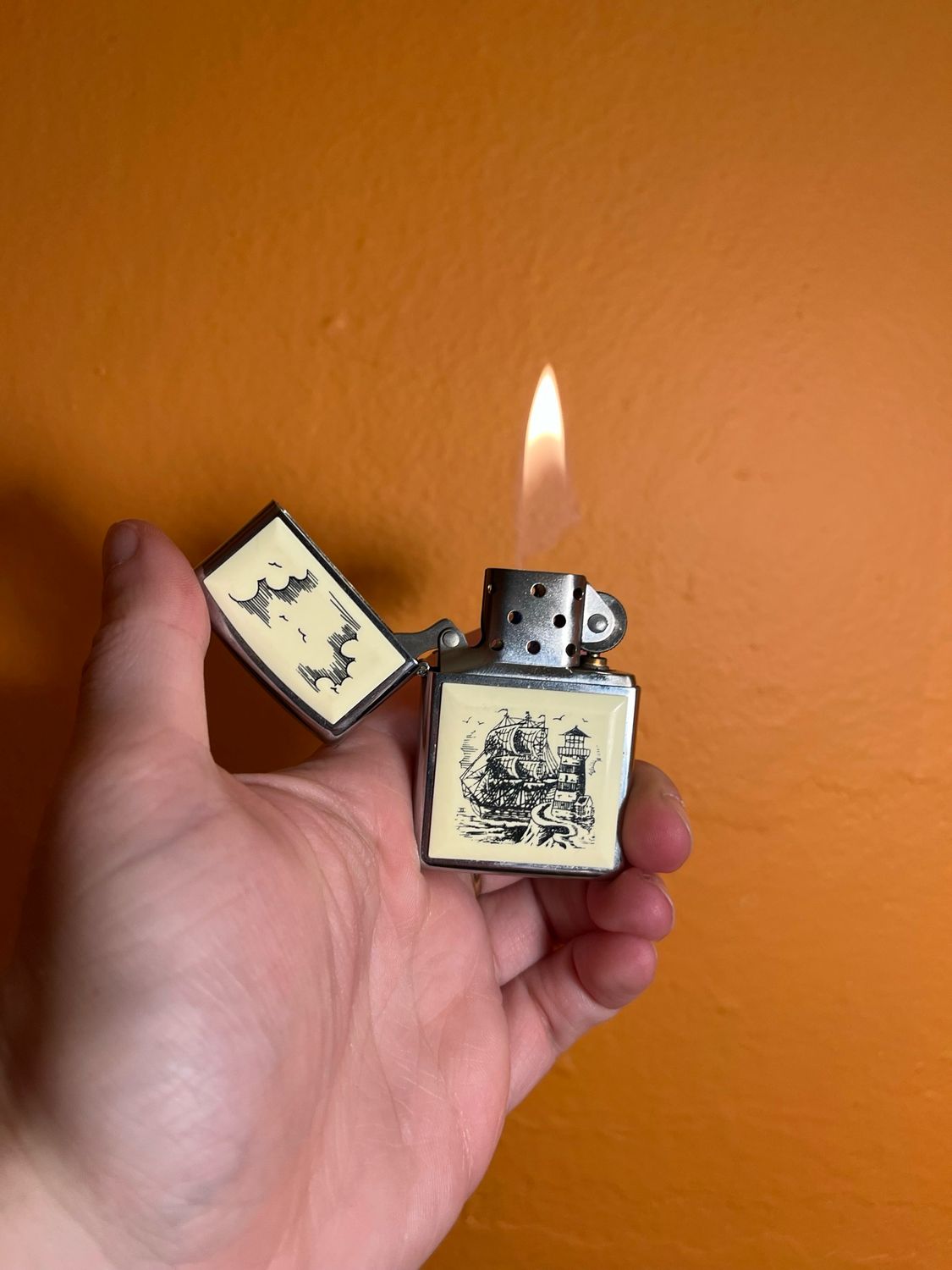1993 Scrimshaw Ship &amp; Lighthouse Zippo Lighter