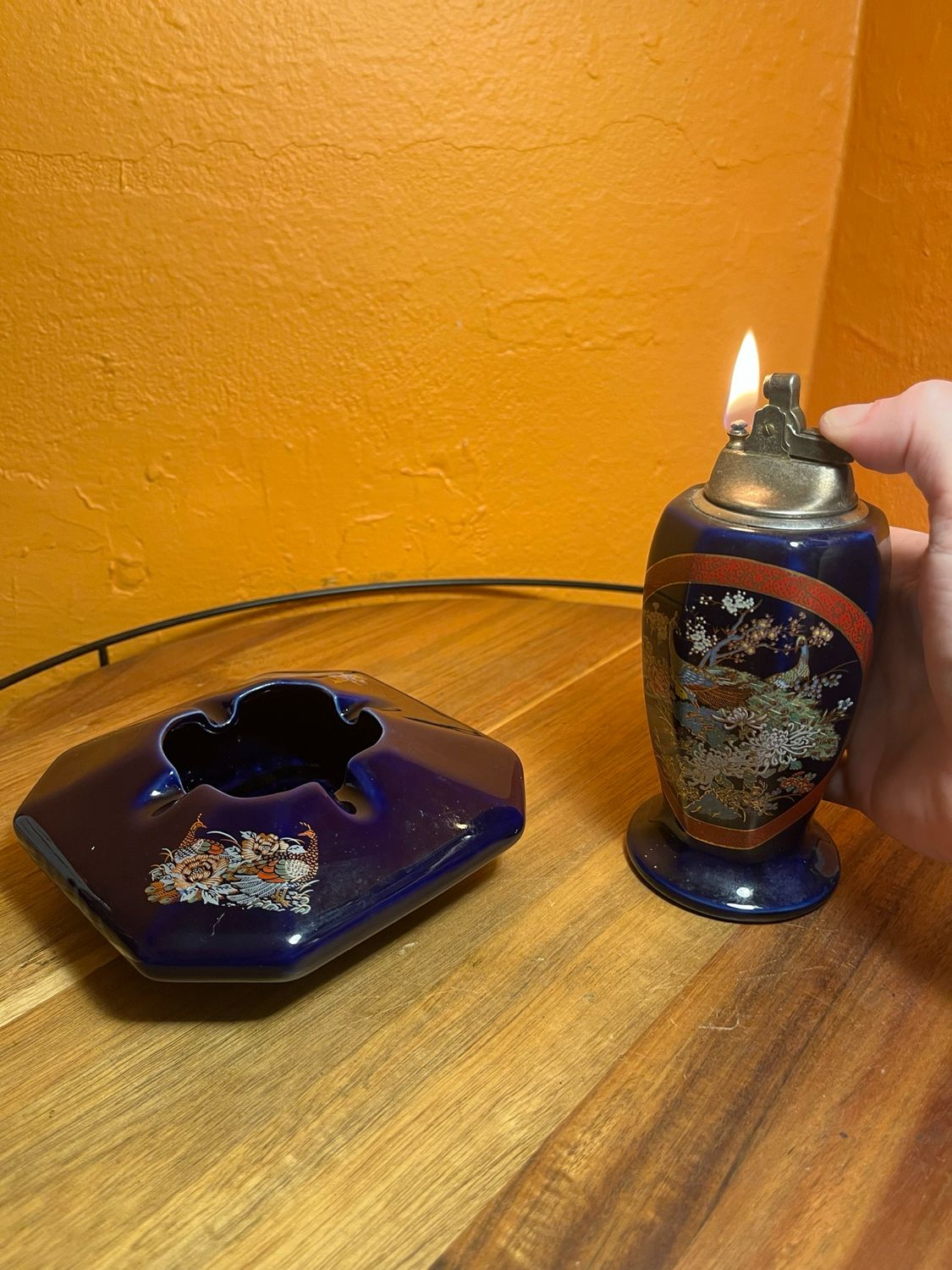 Peacocks Ceramic Table Lighter Ashtray Set