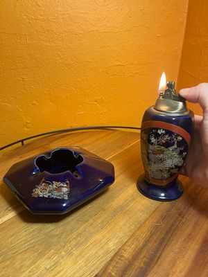 Peacocks Ceramic Table Lighter Ashtray Set