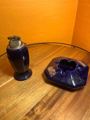 Peacocks Ceramic Table Lighter Ashtray Set