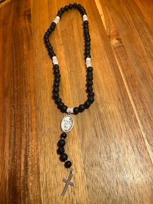 Padre Pio Pumice Lava Stone, Garnet &amp; Quartz Rosary Beads