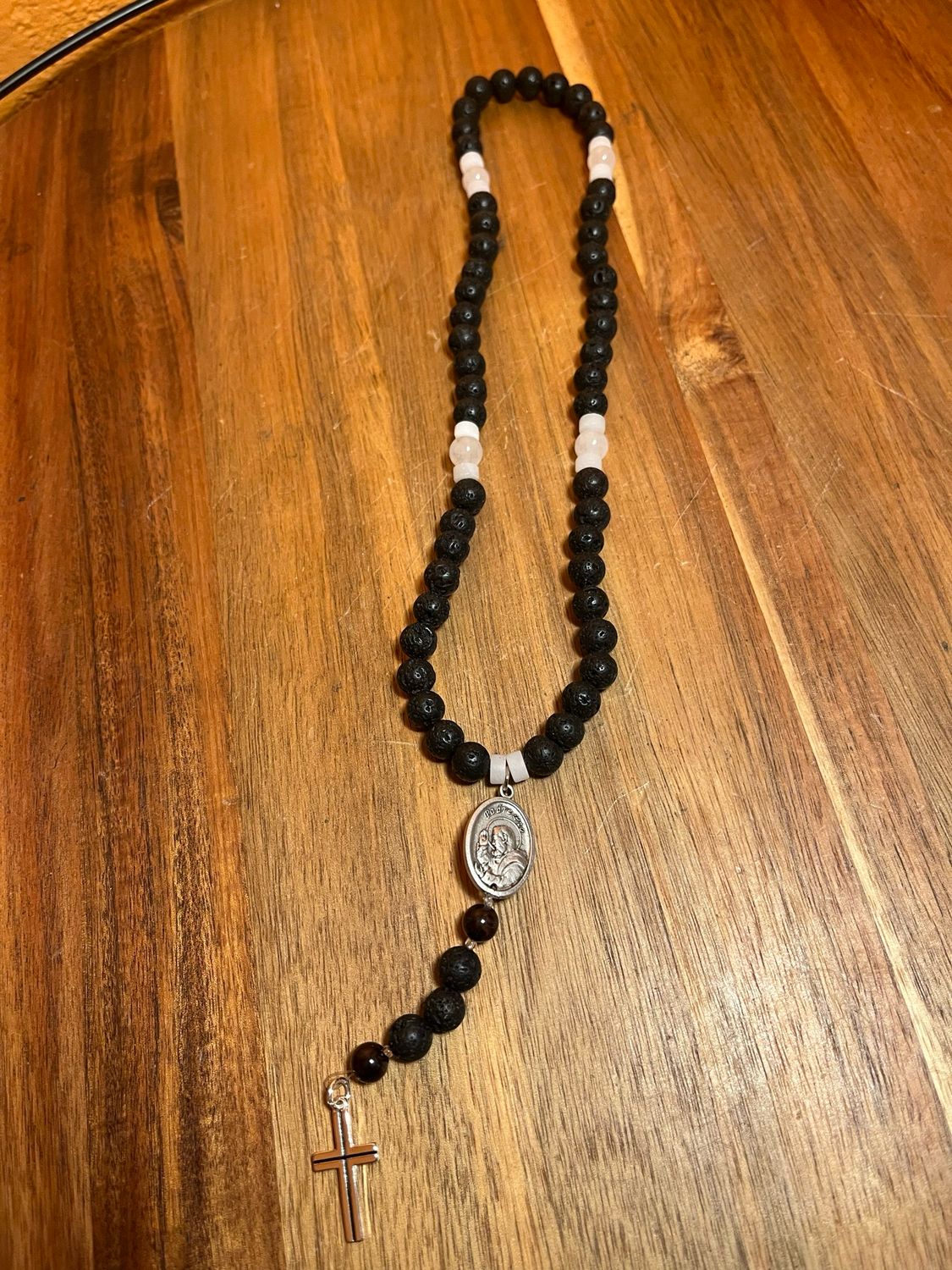 Padre Pio Pumice Lava Stone, Garnet &amp; Quartz Rosary Beads