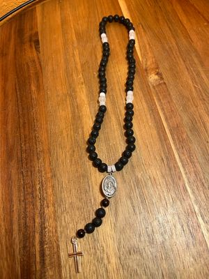 Padre Pio Pumice Lava Stone, Garnet &amp; Quartz Rosary Beads