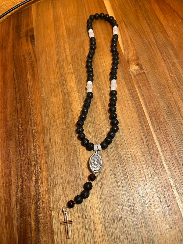 Padre Pio Pumice Lava Stone, Garnet &amp; Quartz Rosary Beads