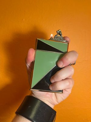 Customized ‘OAR’ Black &amp; Green Art Deco Cigarette Case Lighter