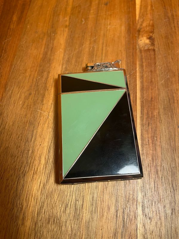 Customized ‘OAR’ Black &amp; Green Art Deco Cigarette Case Lighter