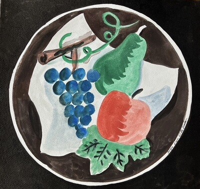 Two drawings presented here: Fruits sur assiette / Fruits on a plate