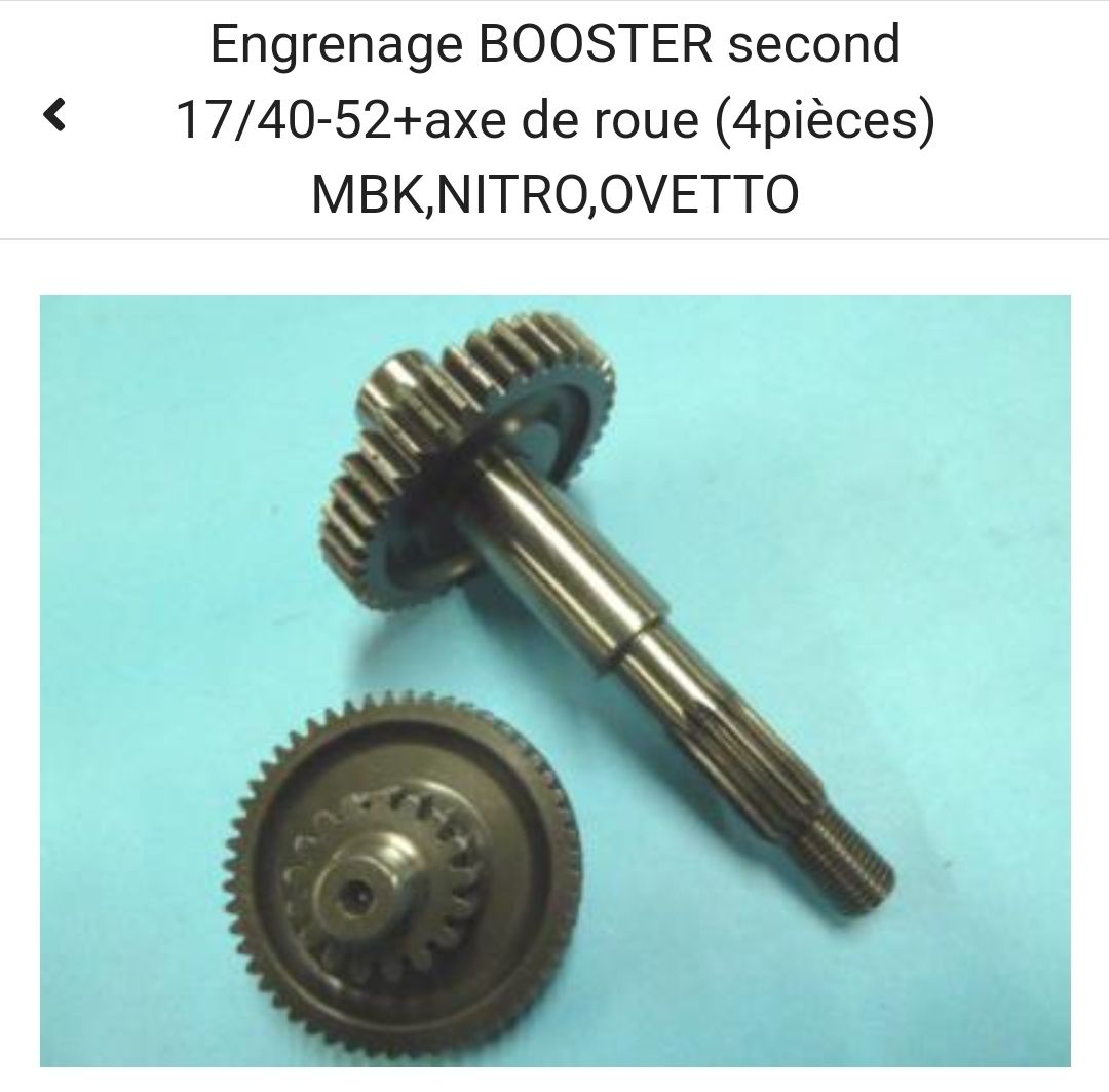 #42 Engrenage BOOSTER secondaire 17/40-52+axe de roue (4pièces) MBK,NITRO,OVETTO,BWS&#39;R (usager) 