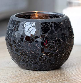 Small Black Flared Crackle Glass Candle Holder