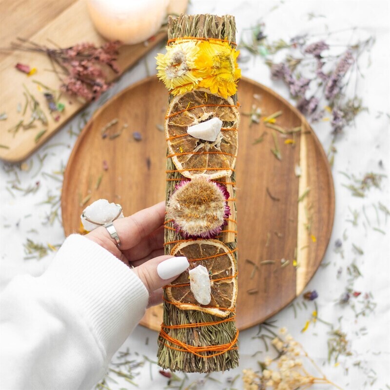 9in Ritual Wand Smudge Stick with Rosemary, Palo Santo &amp; Quartz