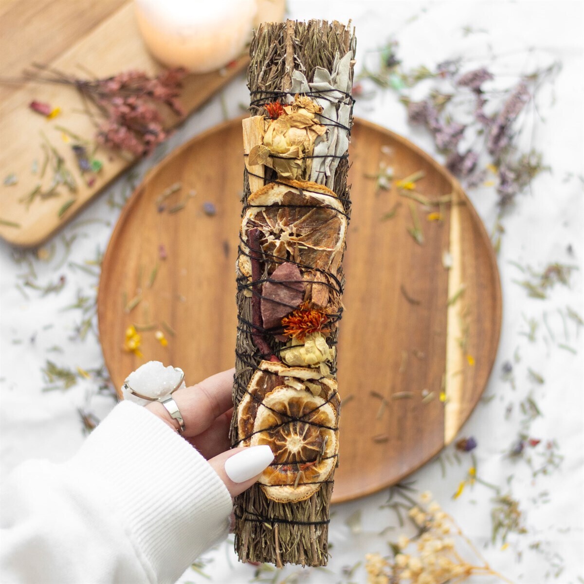 9in Ritual Wand Smudge Stick with Rosemary, Palo Santo &amp; Red Jasper