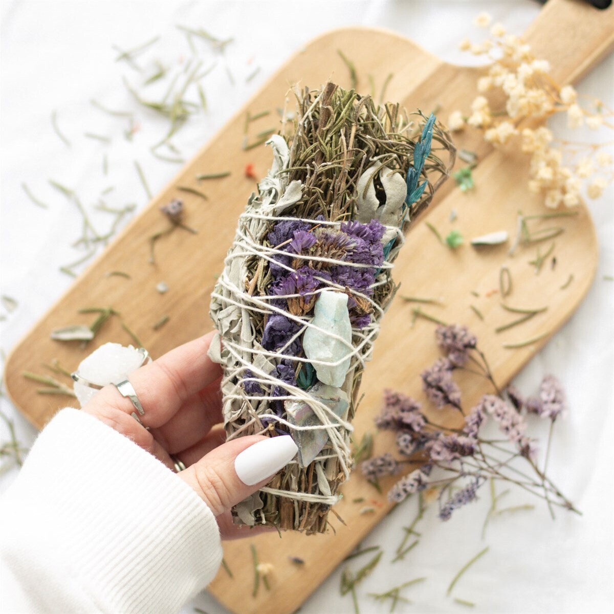 6in Ritual Wand Smudge Stick with Rosemary, Sage &amp; Aventurine