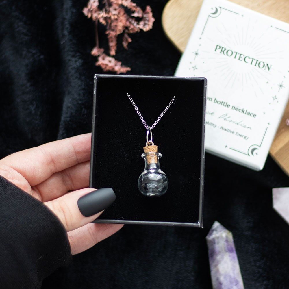 Protection Black Obsidian Crystal Chip Potion Bottle