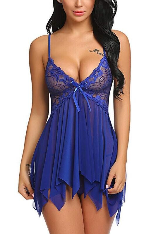 Lingerie Sexy Babydoll Lace Silks Set Straps Chemise, Size: S, Color: Blue