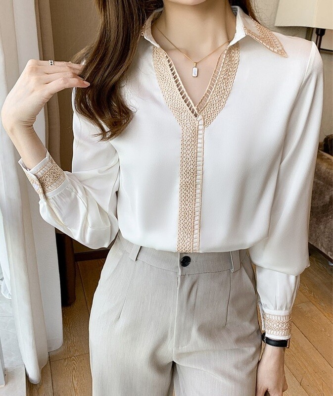 Elegant Women White Blouse with Embroidery Collar