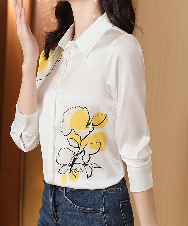 Women White Stylish Shirt with Printed Yellow Floral