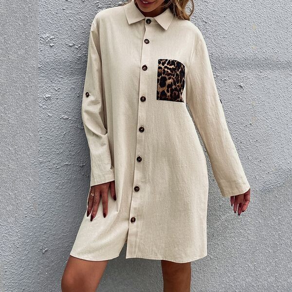 Stylish Woman Shirt Dress with Leopard Print Pocket, Size: S - M