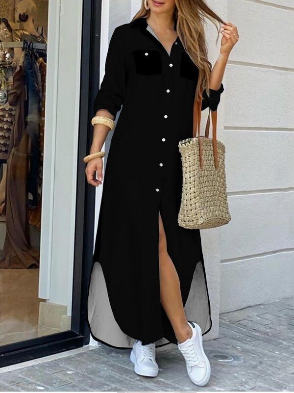 Women Casual Long Shirt Dress Maxi Dresses, Size: S - M, Color: Black