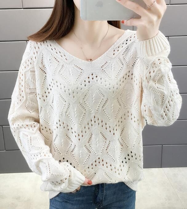 Stylish Women Sweater Spring V-neck Hollow Out