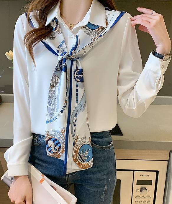 Casual Beautiful Print Long Bow Tie Woman Blouse, Size: S - M