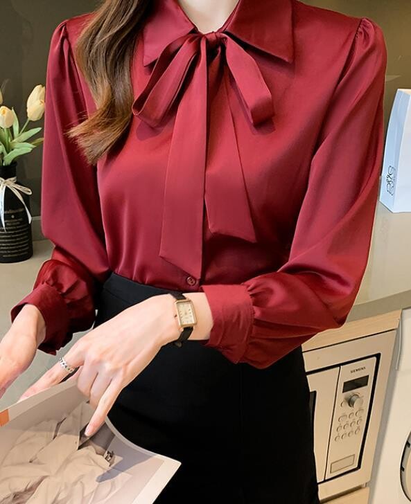 Elegant Women Burgundy Blouse Bow Tie Blouse, Size: S