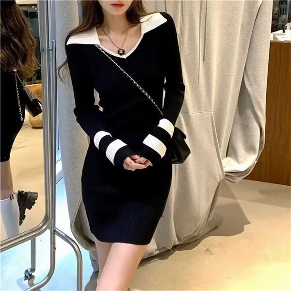 Stylish V Collar Long-Sleeved  Dress