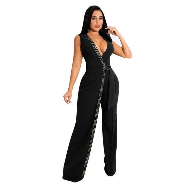 Fashion Stylish Slim V-Neck Jumpsuit, Size: S, Color: Black