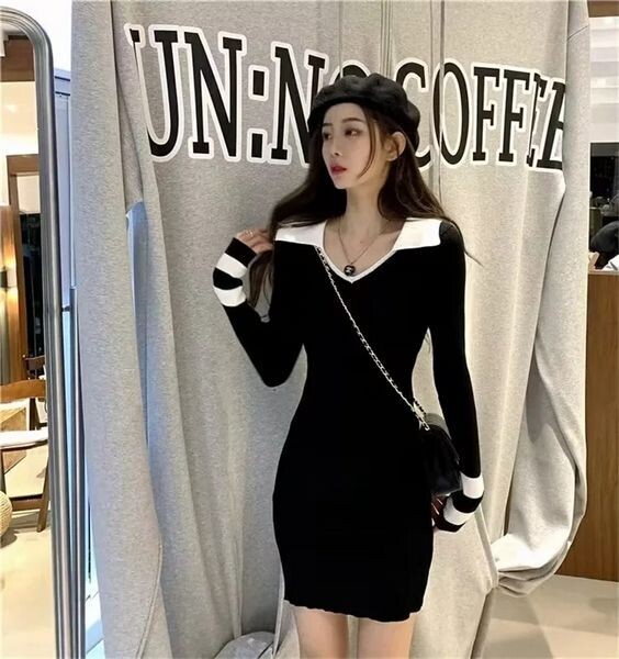Stylish V Collar Long-Sleeved  Dress, Size: Free Size, Color: Black