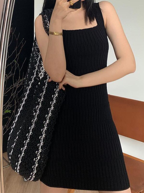 Summer Sleeveless Knitted Dress, Size: Free Size, Color: Black