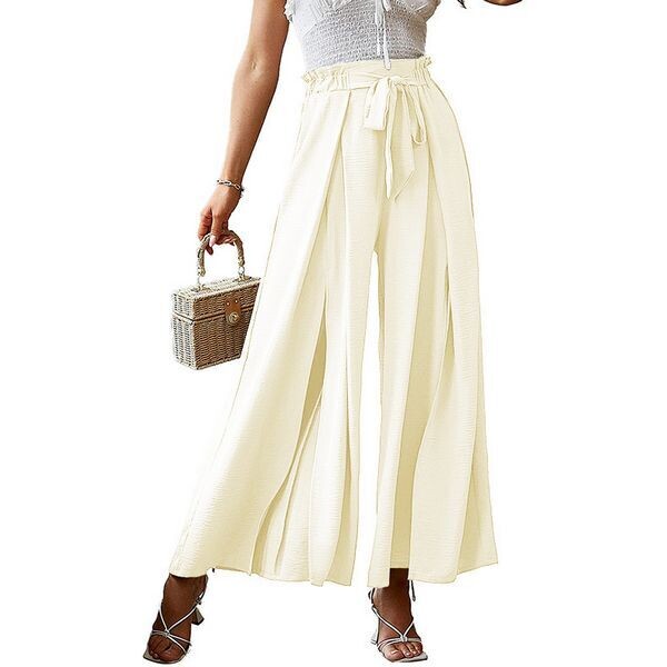 New Bow Tie Belt High Waist Wide Leg Pants, Size: S, Color: Beige