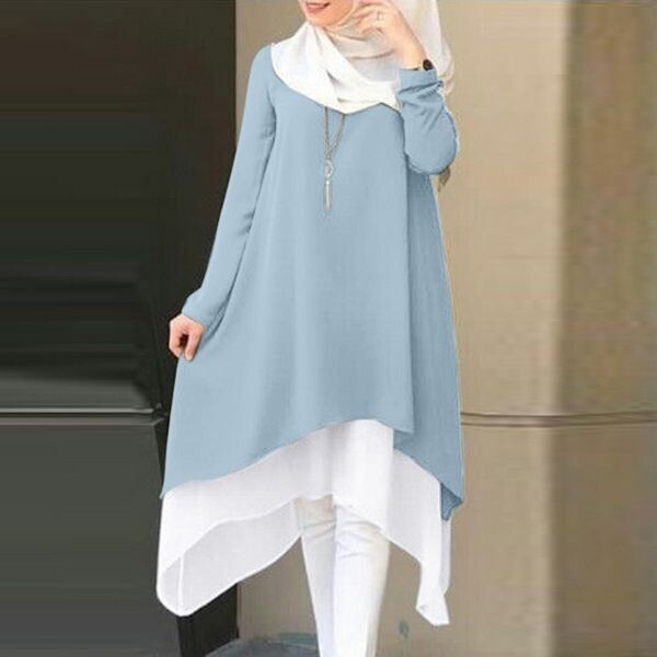 Stylish Blouse Long Sleeve O-Neck, Size: S - M, Color: Light Blue