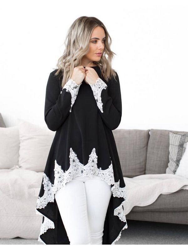Beautiful Lace Decorated Long Blouse, Size: S - M, Color: Black