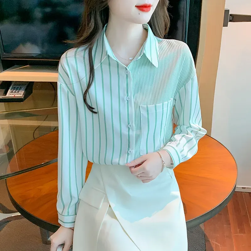 Casual Green Stripes Women Shirt