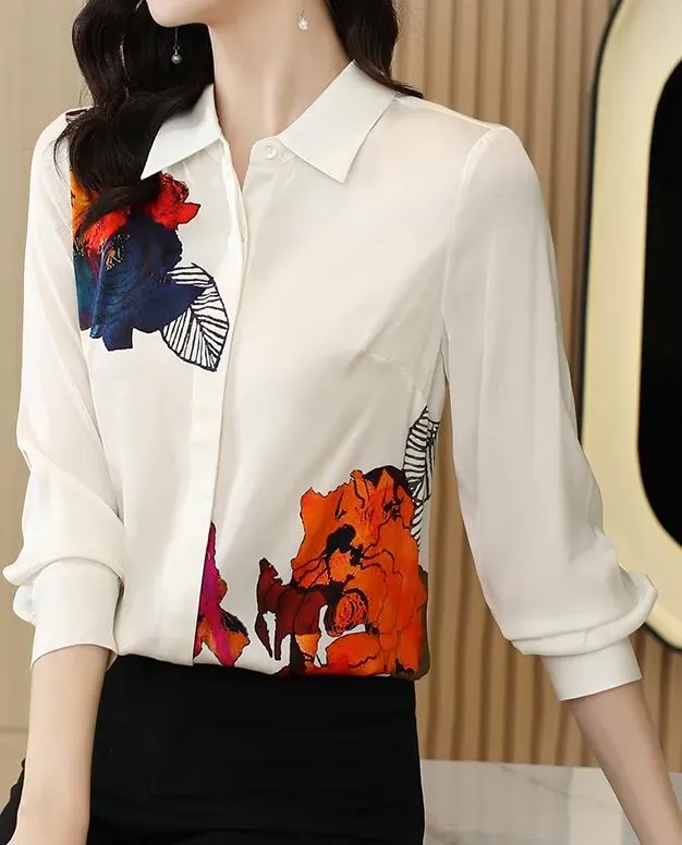 Elegant Stylish Flower Print White Woman Shirt