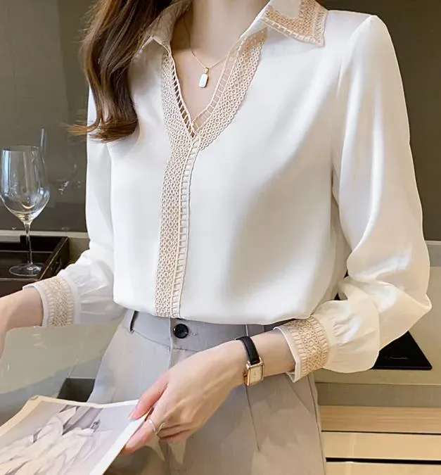 Elegant Women White Blouse with Embroidery Collar