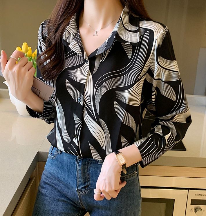 Chic Modern Line Print Long Sleeve Shirt for Women