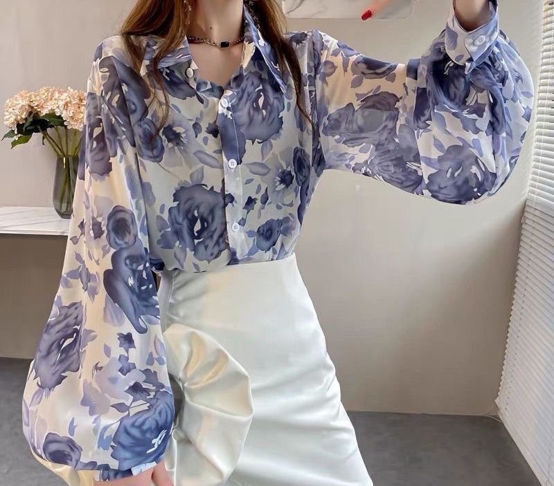 Women&#39;s Floral Chiffon shirt Lantern Sleeves