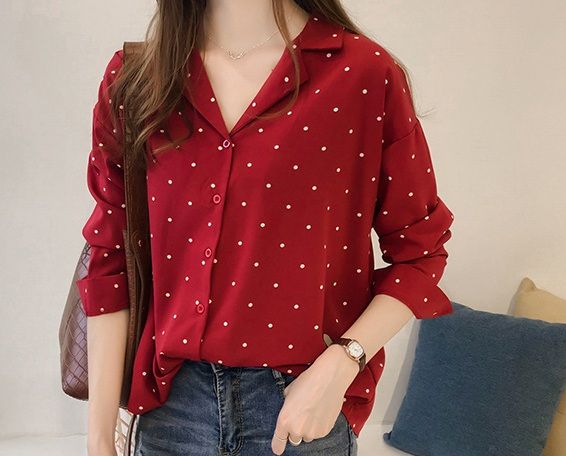 Women&#39;s Retro Polka Dot Prints Long Sleeve Shirt