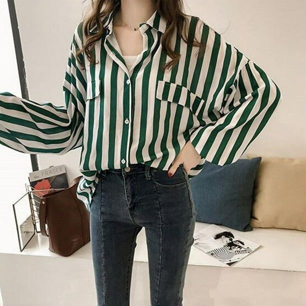Women Green Striped Shirt Lantern Full Sleeve