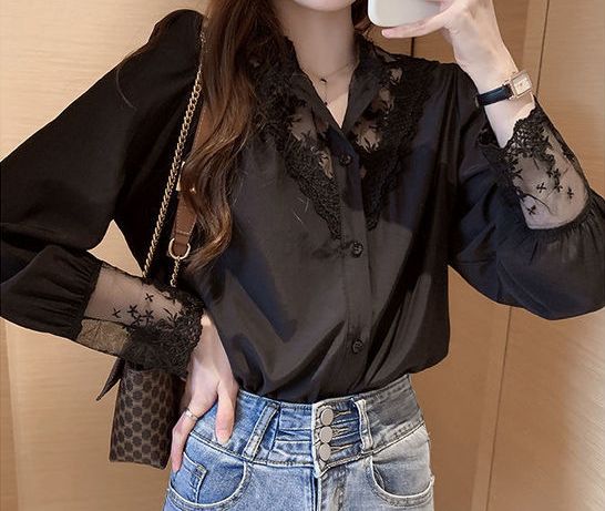 Elegant Laced Women Black Shirt
